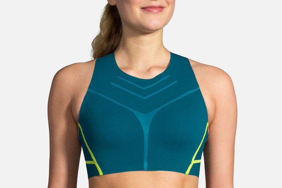 Womens Brooks Dare High-Neck Run Bras Deep Sea/Lime | Clothing 6790-VABOD